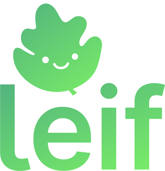 Leif logo, a smiling cartoon, green leaf